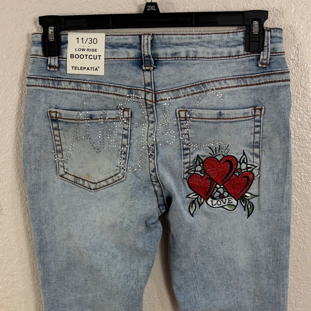 Telepatia Heart Embroidered Light Blue Bootcut Jeans,Size 11/30 - Picture 4 of 17